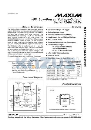 MAX531BCPD datasheet - 5V, Low-Power, Voltage-Output, Serial 12-Bit DACs