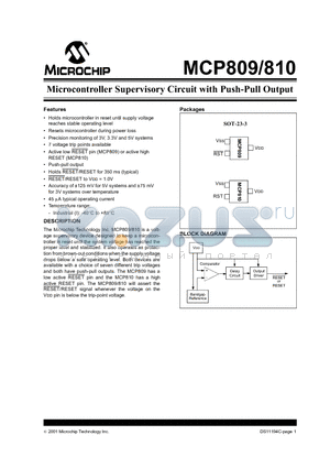 MCP809 datasheet - MICROCONTROLLER SUPERVISORY CIRCUIT WITH PUSH-PULL OUTPUT