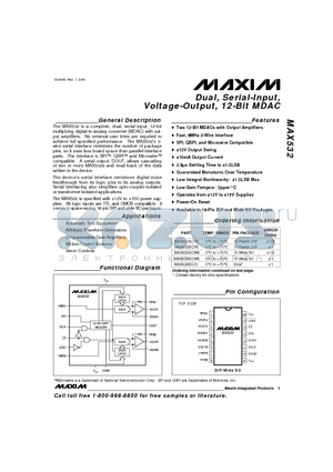 MAX532 datasheet - Dual, Serial-Input, Voltage-Output, 12-Bit MDAC