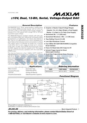 MAX5322 datasheet - a10V, Dual, 12-Bit, Serial, Voltage-Output DAC