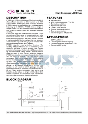 PT6903 datasheet - High Brightness LED Driver