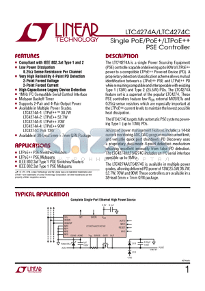 LTC4274 datasheet - Single PoE/PoE/LTPoE PSE Controller