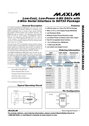 MAX5360NEUK datasheet - Low-Cost, Low-Power 6-Bit DACs with 2-Wire Serial Interface in SOT23 Package