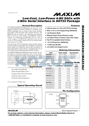MAX5361LEUK datasheet - Low-Cost, Low-Power 6-Bit DACs with 2-Wire Serial Interface in SOT23 Package