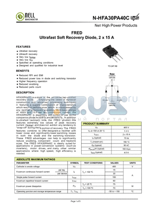 N-HFA30PA40C datasheet - FRED Ultrafast Soft Recovery Diode, 2 x 15 A