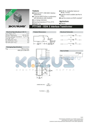 PT71949 datasheet - ISDN S Interface Transformer