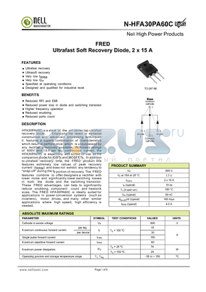 N-HFA30PA60C datasheet - FRED Ultrafast Soft Recovery Diode, 2 x 15 A