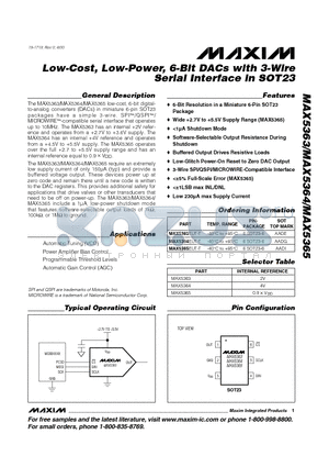 MAX5364EUT-T datasheet - Low-Cost, Low-Power, 6-Bit DACs with 3-Wire Serial Interface in SOT23