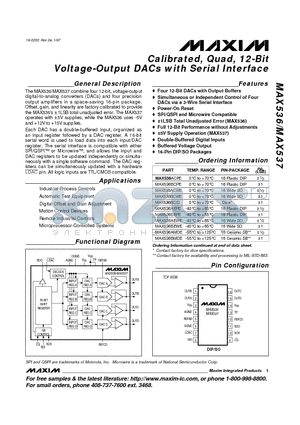 MAX536ACWE datasheet - Calibrated, Quad, 12-Bit Voltage-Output DACs with Serial Interface