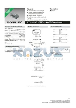 PT74344 datasheet - T1/CEPT/ISDN-PRI Transformer