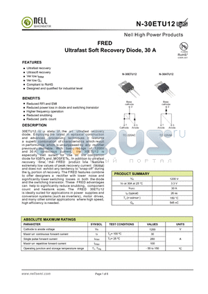 N-30ETU12 datasheet - FRED Ultrafast Soft Recovery Diode, 30 A