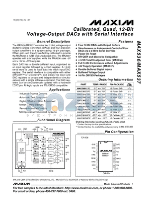 MAX537BCPE datasheet - Calibrated, Quad, 12-Bit Voltage-Output DACs with Serial Interface