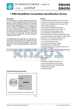 EM4450 datasheet - 1 KBit Read/Write Contactless Identification Device