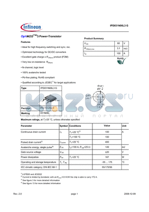 IPD031N06L3G datasheet - OptiMOS(TM)3 Power-Transistor