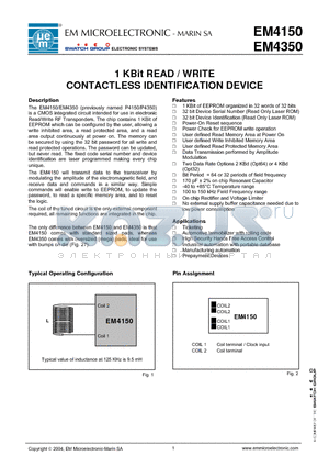 EM4350A6WW27E datasheet - 1 KBit READ / WRITE CONTACTLESS IDENTIFICATION DEVICE