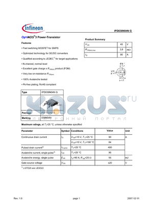 IPD038N04NG datasheet - OptiMOS3 Power-Transistor