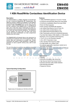 EM4450A5CI2LB datasheet - 1 KBit Read/Write Contactless Identification Device