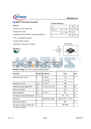 IPD042P03L3G datasheet - OptiMOSTM P3 Power-Transistor