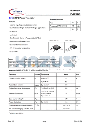 IPD04N03LA datasheet - OptiMOS 2 Power-Transistor