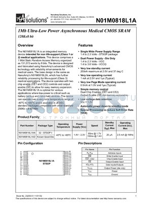 N01L0818L1AN-85I datasheet - 1Mb Ultra-Low Power Asynchronous Medical CMOS SRAM 128Kx8 bit