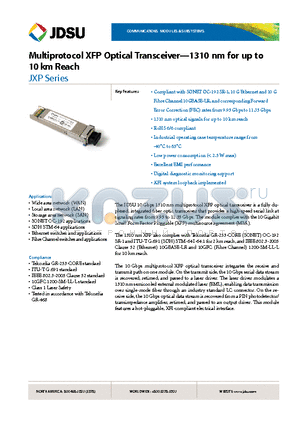 JXP-01LGAB1 datasheet - Multiprotocol XFP Optical Transceiver-1310 nm for up to 10 km Reach