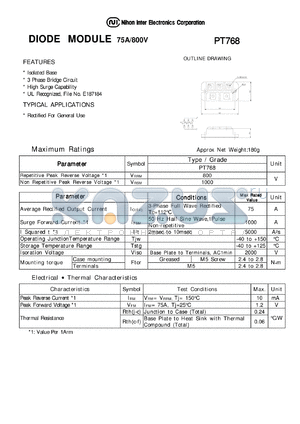 PT768 datasheet - DIODE MODULE 75A/800V