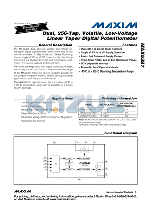 MAX5387 datasheet - Dual, 256-Tap, Volatile, Low-Voltage Linear Taper Digital Potentiometer