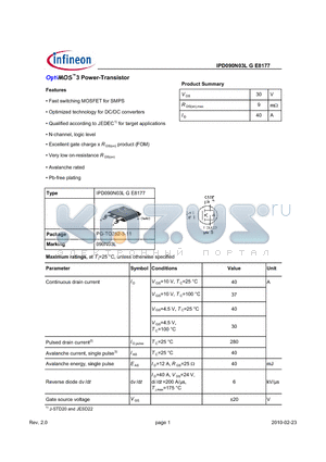 IPD090N03LGE8177 datasheet - OptiMOS3 Power-Transistor