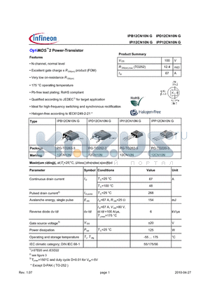 IPD12CN10NG datasheet - OptiMOS2 Power-Transistor Features N-channel, normal level Very low on-resistance R DS
