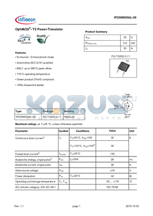 IPD30N03S4L-09_10 datasheet - OptiMOS-T2 Power-Transistor