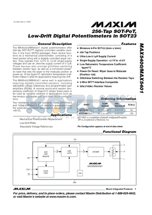 MAX5400EKA-T datasheet - 256-Tap SOT-PoT, Low-Drift Digital Potentiometers in SOT23