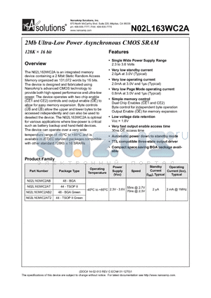 N02L163WC2AB2 datasheet - 2Mb Ultra-Low Power Asynchronous CMOS SRAM 128K  16 bit