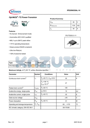 IPD30N03S4L-14 datasheet - OptiMOS-T2 Power-Transistor