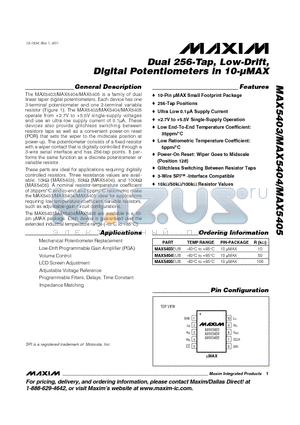 MAX5403-MAX5405 datasheet - Dual 256-Tap, Low-Drift, Digital Potentiometers in 10-lMAX