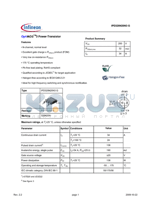 IPD320N20N3G datasheet - OptiMOSTM3 Power-Transistor