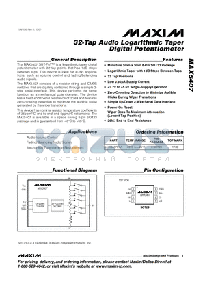 MAX5407EKA datasheet - 32-Tap Audio Logarithmic Taper Digital Potentiometer