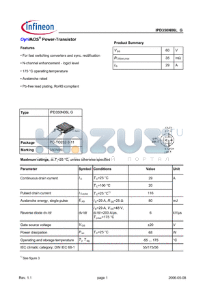 IPD350N06LG datasheet - OptiMOS^ Power-Transistor