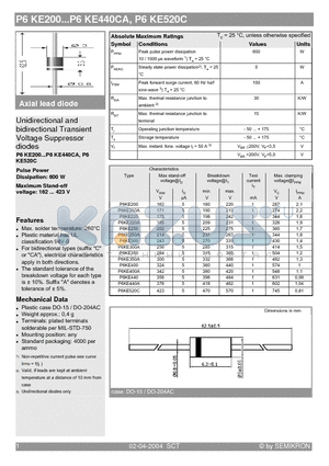 P6KE200 datasheet - Unidirectional and bidirectional Transient Voltage Suppressor diodes