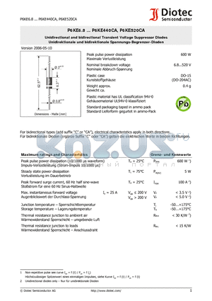 P6KE200 datasheet - Unidirectional and bidirectional Transient Voltage Suppressor Diodes