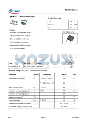 IPD50N10S3L-16 datasheet - OptiMOS-T Power-Transistor