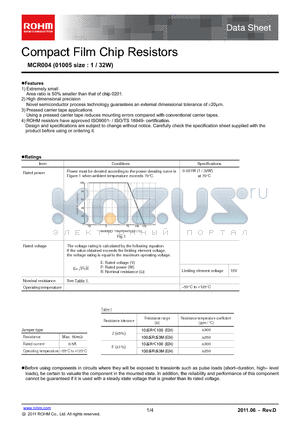 MCR004YZPJF datasheet - Compact Film Chip Resistors