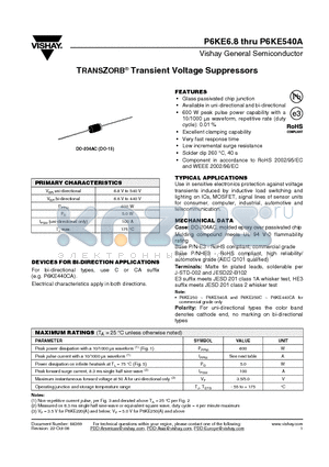 P6KE200 datasheet - TRANSZORB^ Transient Voltage Suppressors