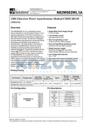 N02M083WL1AD-70I datasheet - 2Mb Ultra-Low Power Asynchronous Medical CMOS SRAM 256Kx8 bit