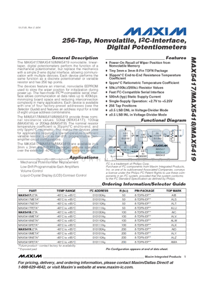 MAX5419NETA datasheet - 256-Tap, Nonvolatile, I2C-Interface, Digital Potentiometers