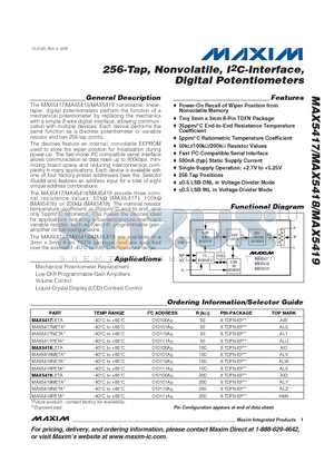 MAX5419NETA datasheet - 256-Tap, Nonvolatile, I2C-Interface, Digital Potentiometers