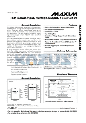 MAX541ACPA datasheet - 5V, Serial-Input, Voltage-Output, 16-Bit DACs