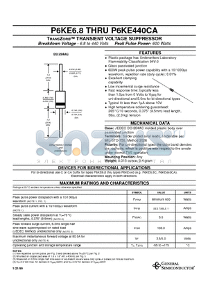 P6KE200A datasheet - TRANSZORB TRANSIENT VOLTAGE SUPPRESSOR