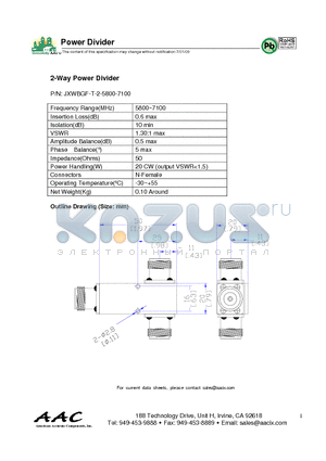 JXWBGF-T-2-5800-7100 datasheet - 2-Way Power Divider