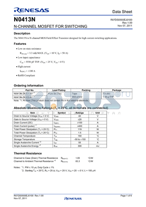 N0413N-ZK-E1-AY datasheet - N-CHANNEL MOSFET FOR SWITCHING