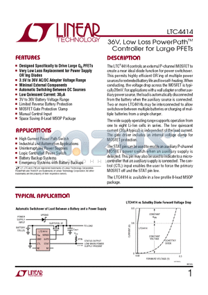 LTC4414IMS8 datasheet - 36V, Low Loss PowerPathTM Controller for Large PFETs